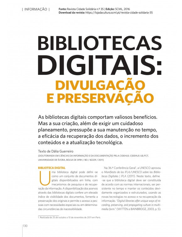 Artigo: Bibliotecas Digitais: divulgação e preservação