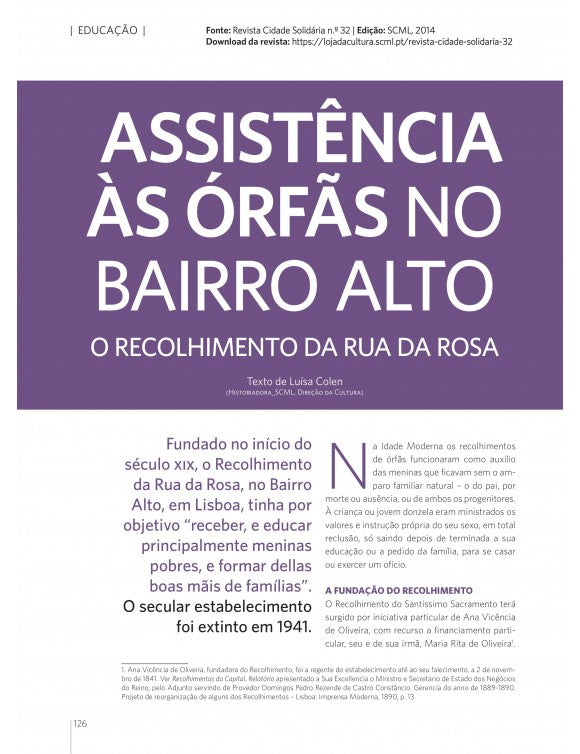Article: Assistance to orphans in Bairro Alto: the gathering on Rua da Rosa