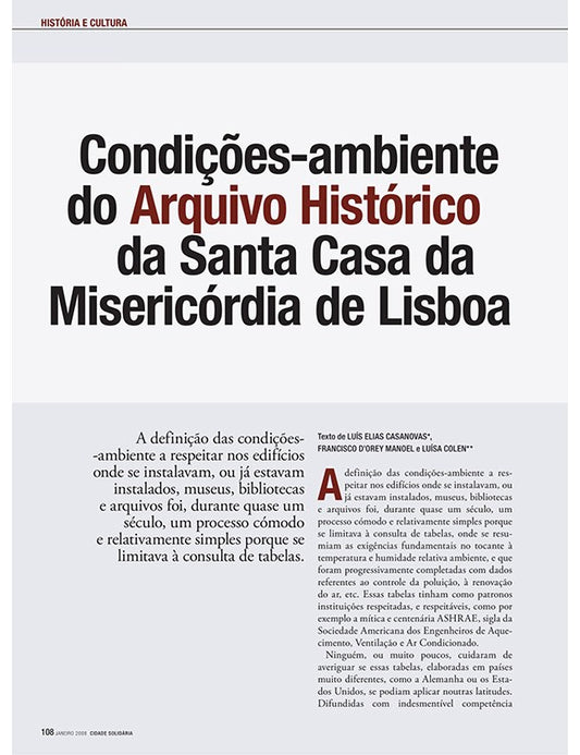 Artigo: Condições-ambiente do arquivo histórico da Santa Casa da Misericórdia de Lisboa